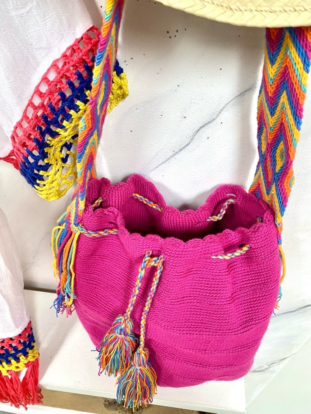 Artisan Fringe tassel hippy bucket bag with Gypsy resort vacay beach vibe - Picture 11 of 14